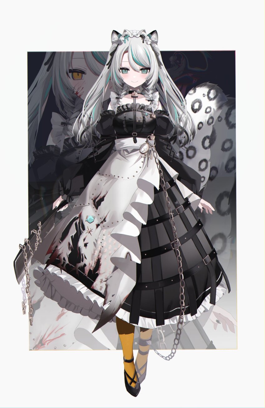 1girl animal_ear_fluff animal_ears aqua_eyes aqua_hair belt black_belt black_dress black_footwear black_ribbon blood blood_on_face blush braid chain clock closed_mouth collarbone dress frilled_dress frills full_body grey_hair hair_ornament hair_ribbon highres hinamori_anthea holding holding_weapon indie_virtual_youtuber leopard_ears leopard_tail lock looking_at_viewer multicolored_hair nata_(tool) onodera_nire ribbon solo standing streaked_hair tail thighhighs twin_braids two_side_up virtual_youtuber weapon white_headdress yellow_thighhighs