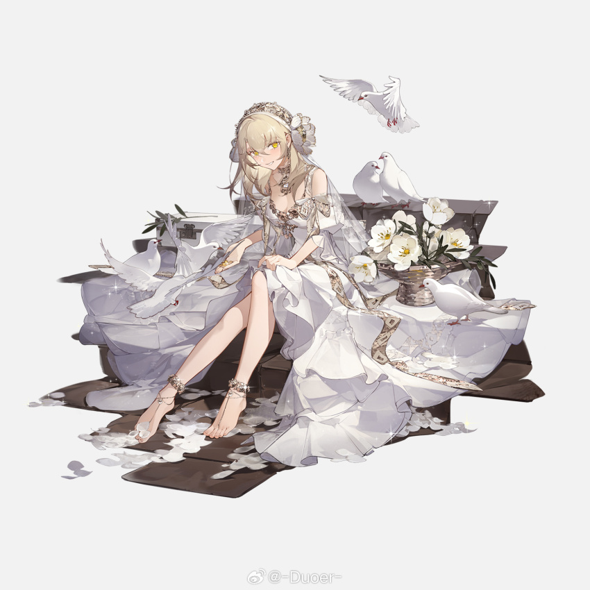 1girl anklet bare_shoulders barefoot bird blonde_hair breasts clothing_cutout detached_collar dlgeria dove dress feeding feeding_animal feet flower flower_basket food full_body girls&#039;_frontline grin hair_flower hair_ornament hairband high-low_skirt highres holding holding_food jewelry long_hair looking_at_viewer medium_breasts official_alternate_costume official_art on_stairs petals puffy_short_sleeves puffy_sleeves short_sleeves shoulder_cutout sitting smile solo toes weibo_logo weibo_watermark white_background white_bird white_dress white_flower white_hairband x95_(girls&#039;_frontline) yellow_eyes