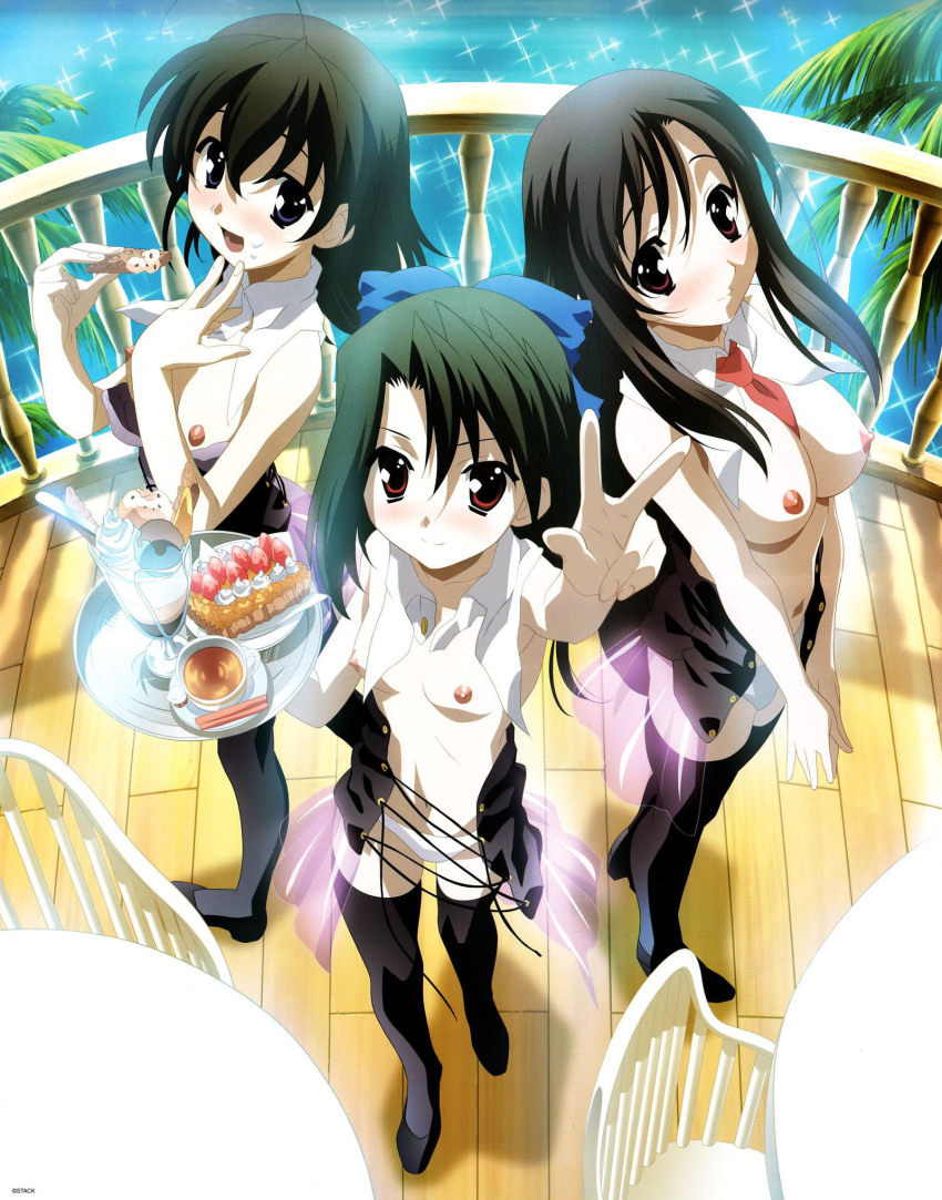 00s 3girls black_hair blush breasts cake food highres ice_cream katsura_kotonoha kiyoura_setsuna long_hair medium_breasts multiple_girls nipples non-web_source open_clothes open_shirt panties pastry purple_eyes red_eyes saionji_sekai school_days shirt short_hair small_breasts summer_days tea thighhighs third-party_edit topless tray underwear very_long_hair