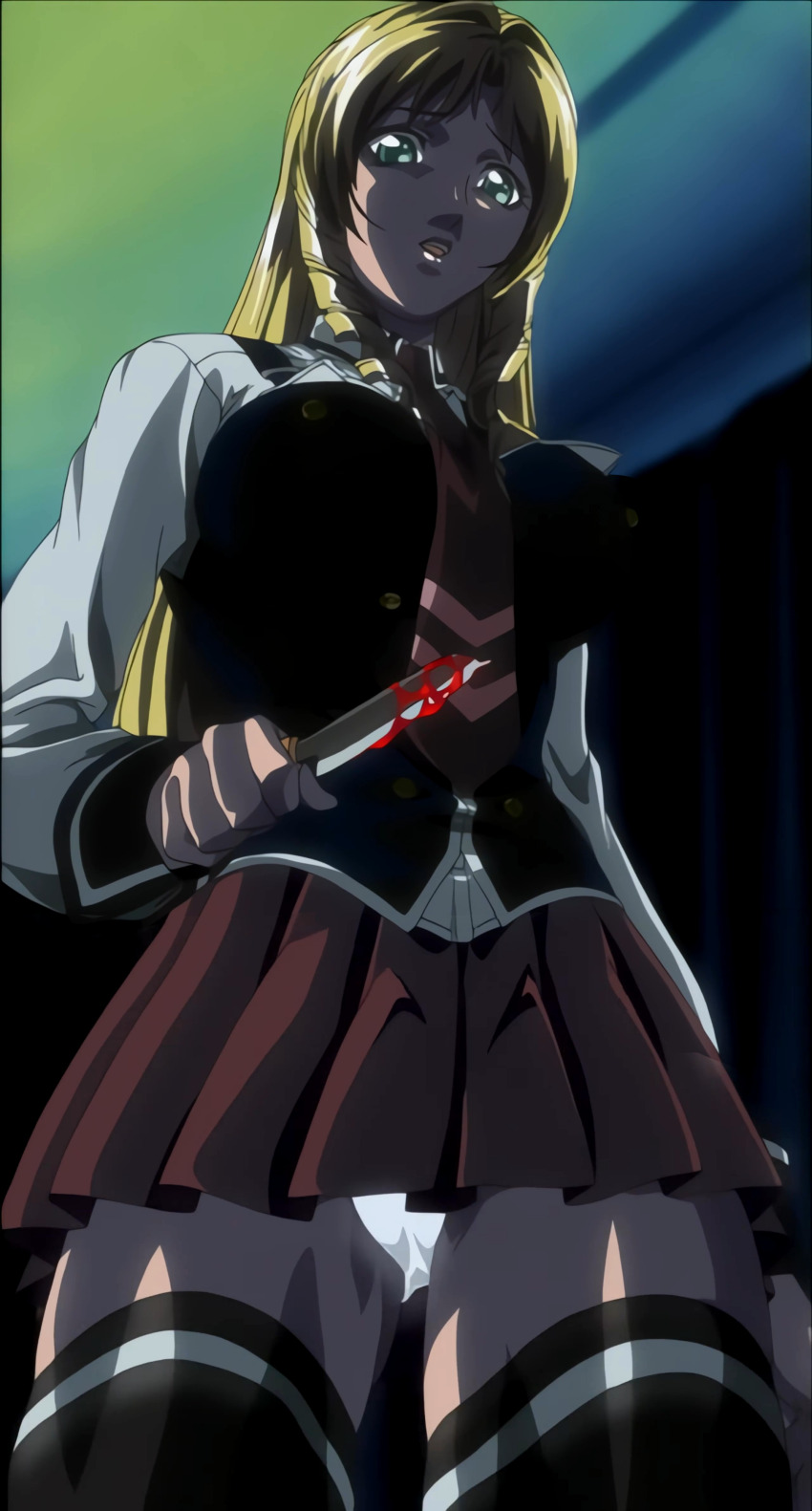 1990s_(style) anime_screenshot bible_black blonde_hair blood bloody_weapon dark dark_background green_eyes knife panties retro_artstyle shiraki_rika stitched third-party_edit underwear upskirt weapon