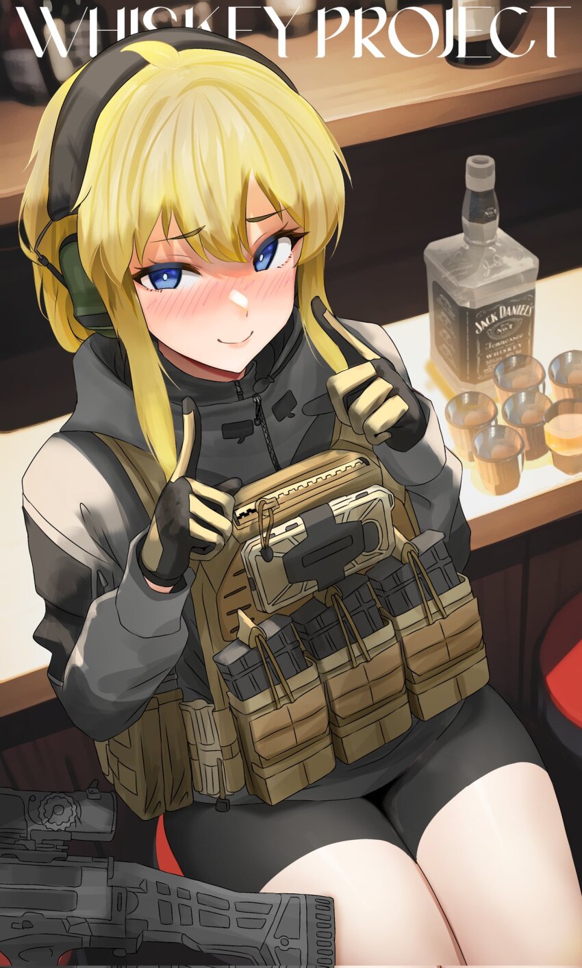 1girl alcohol bar_(place) bar_stool bike_shorts black_gloves black_shorts blonde_hair blue_eyes bulletproof_vest cellphone counter cup dgkamikaze earmuffs gloves grey_jacket gun hair_between_eyes headset highres hood hood_down hooded_jacket index_finger_raised indie_virtual_youtuber jacket long_sleeves magazine_(weapon) on_stool phone shorts sidelocks sitting smartphone smile solo stool textless_version variant_set weapon whiskey whiskey_project