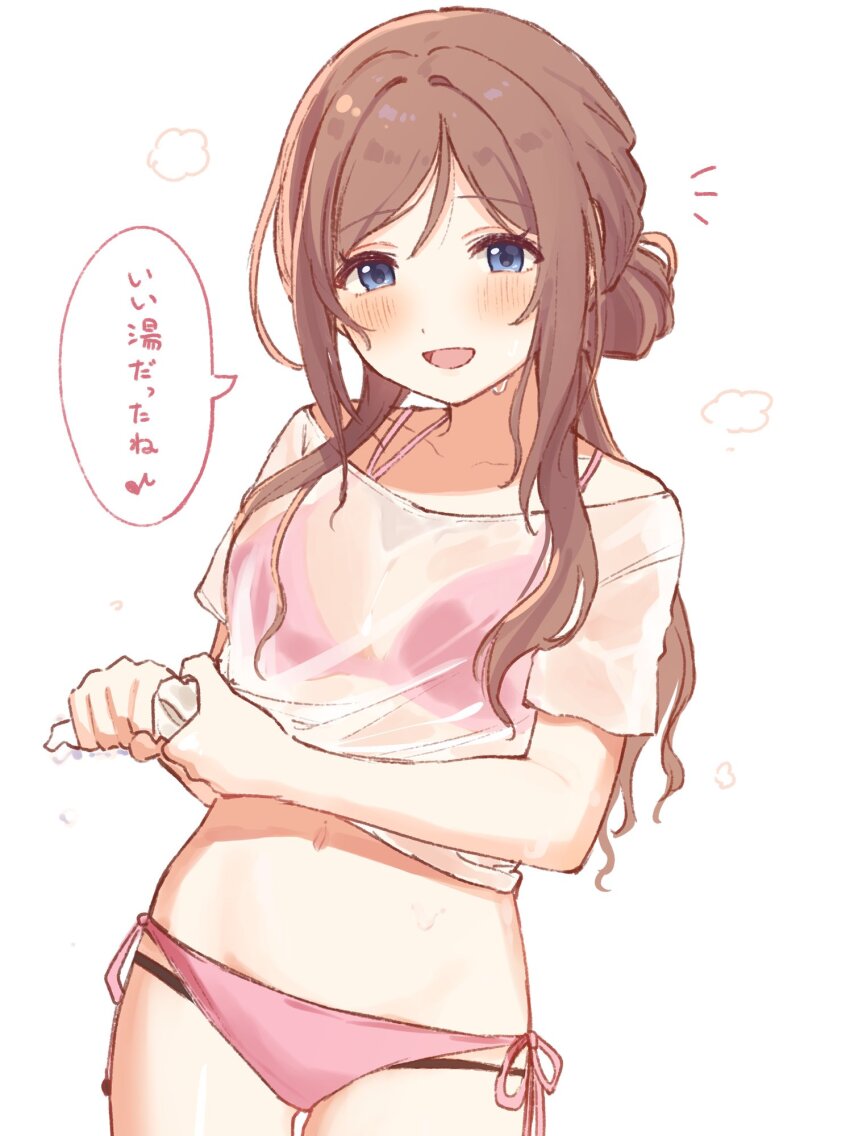 1girl bikini blue_eyes blush breasts brown_hair collarbone commentary cowboy_shot dot_nose gakuen_idolmaster highres himesaki_rinami idolmaster large_breasts long_hair looking_at_viewer mmmakaron888 navel open_mouth pink_bikini see-through_clothes see-through_shirt shirt short_sleeves side-tie_bikini_bottom simple_background smile solo speech_bubble standing swimsuit wet wet_clothes wet_shirt white_background white_shirt wringing_clothes