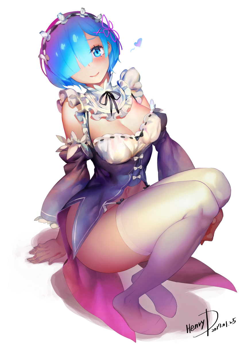 10s 1girl 2017 arm_support artist_name bare_shoulders black_ribbon blue_eyes blue_hair blush bottomless bow breasts cleavage closed_mouth dated detached_sleeves eyelashes feet female_focus frills full_body gradient_hair hair_ornament hair_over_one_eye hair_ribbon heart henry_davis highres knees_up looking_at_viewer maid multicolored_hair no_shoes one_eye_covered pink_ribbon purple_hair re:zero_kara_hajimeru_isekai_seikatsu rem_(re:zero) ribbon ribbon-trimmed_clothes ribbon-trimmed_sleeves ribbon_trim short_hair signature simple_background sitting smile solo thighhighs underbust white_background white_bow white_thighhighs x_hair_ornament