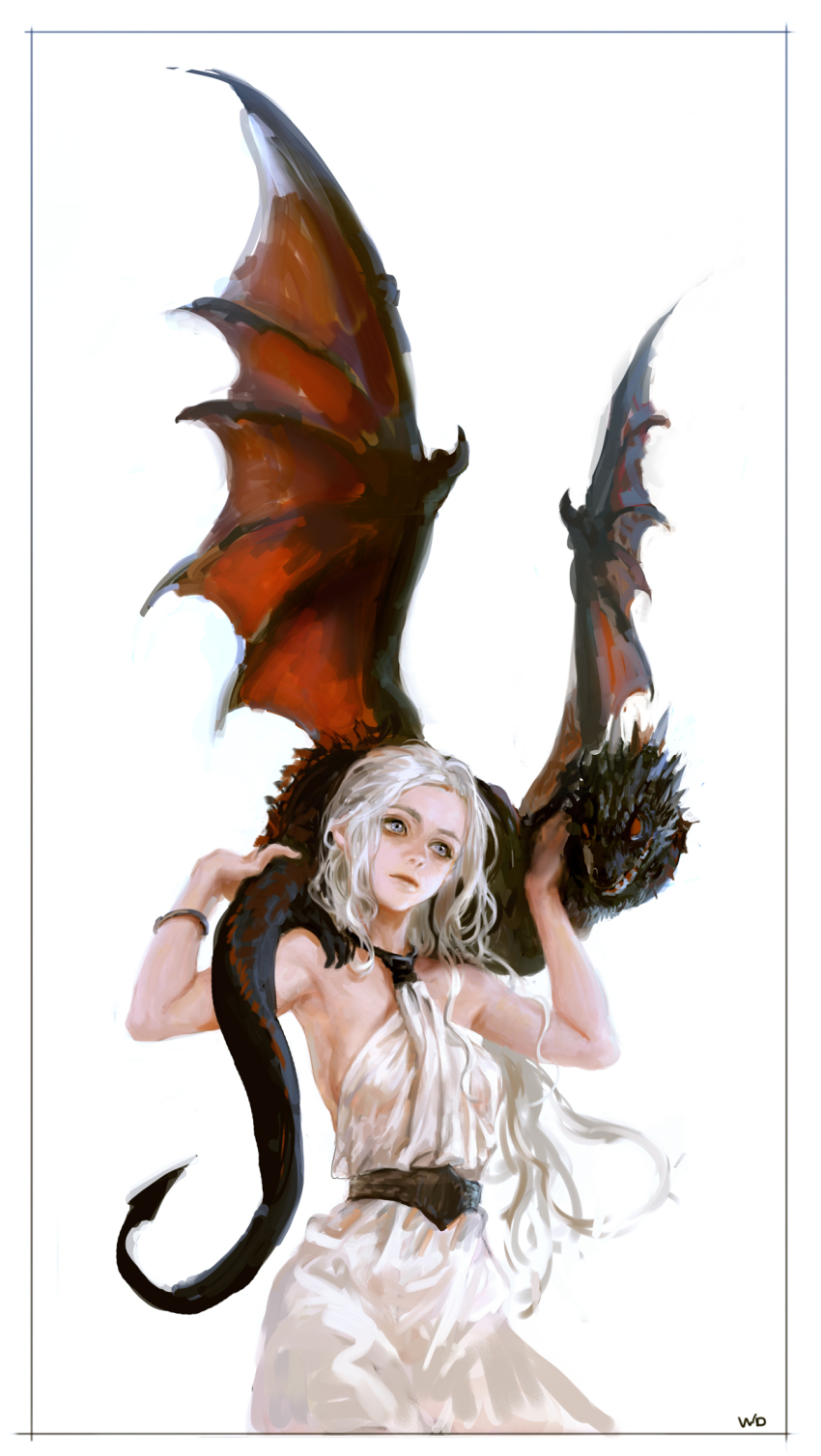 1girl a_song_of_ice_and_fire animal animification arms_up belt border bracelet breasts cleavage cowboy_shot daenerys_targaryen dragon dragon_on_shoulder dragon_tail dragon_wings dress drogon game_of_thrones halterneck highres holding holding_animal jewelry lips long_hair looking_afar looking_at_viewer mini_dragon nose purple_eyes realistic red_eyes see-through_clothes see-through_dress sideboob simple_background small_breasts tail western_dragon white_background white_hair wings woodenmanatees