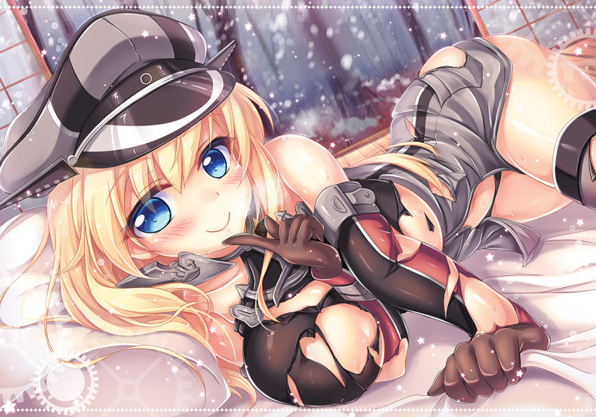 10s 1girl bad_id bad_pixiv_id bismarck_(kancolle) blonde_hair blue_eyes blush breasts elbow_gloves female_focus gloves hat kantai_collection large_breasts long_hair looking_at_viewer smile solo torn_clothes uniform vashaps2