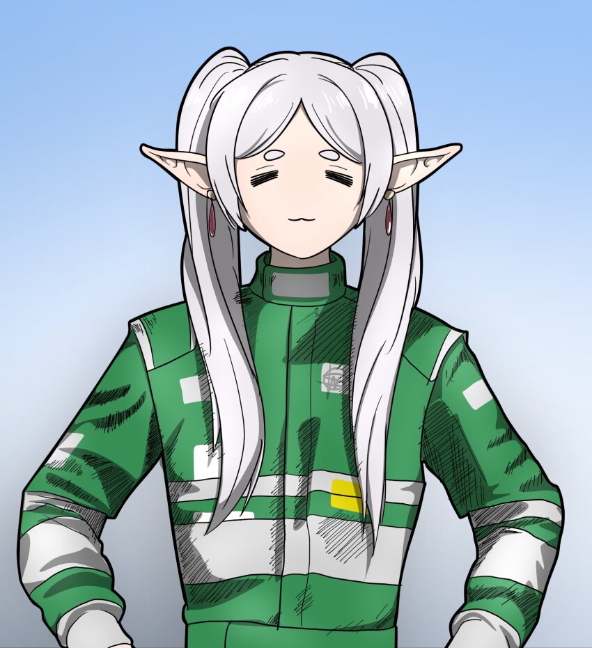 1girl =_= commentary cosplay costumwhitestudio earrings frieren green_jumpsuit grey_hair highres jewelry jumpsuit long_hair long_pointy_ears looking_at_viewer parted_bangs pointy_ears racing_suit real_life smile solo sousou_no_frieren symbol-only_commentary tsuchiya_keiichi tsuchiya_keiichi_(cosplay) twintails