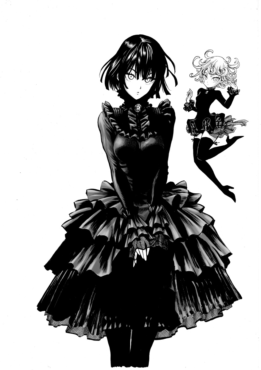 2girls absurdres blunt_ends boots breasts curly_hair fingerless_gloves frilled_sleeves frills fubuki_(one-punch_man) full_body gloves greyscale hair_between_eyes hands_up highres long_sleeves looking_at_viewer medium_breasts monochrome multiple_girls murata_yuusuke narrow_waist official_art one-punch_man parted_lips short_hair siblings simple_background sisters small_breasts tatsumaki thigh_boots thighhighs thighs v_arms white_background wide_hips