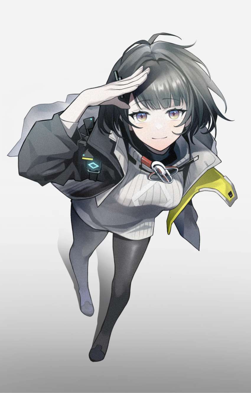 1girl arknights arknights:_endfield arm_up black_hair black_jacket black_pantyhose chinese_commentary closed_mouth commentary_request endministrator_(arknights) female_endministrator_(arknights) fingernails from_above full_body gradient_background grey_background grey_sweater highres jacket long_sleeves looking_at_viewer making-of_available open_clothes open_jacket pantyhose procreate_(medium) purple_eyes ribbed_sweater salute short_hair smile solo standing sweater umie_(iowae) video_thumbnail yellow_eyes