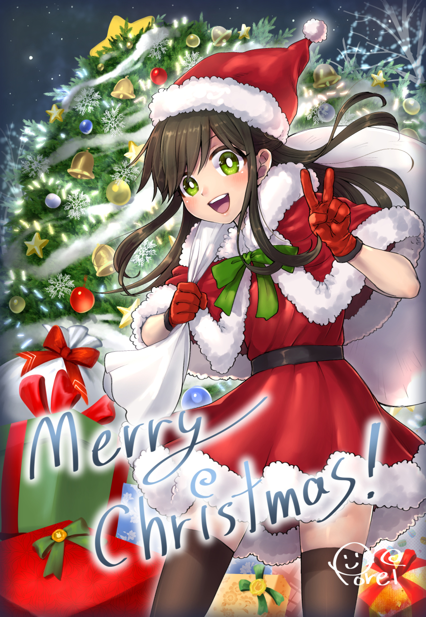 1girl amatsuka_yui asadoke_no_majo box brown_hair capelet christmas christmas_ornaments christmas_tree dress fur-trimmed_headwear fur_trim gift gift_box gloves green_eyes hat highres holding holding_sack long_hair merry_christmas official_art poreisan_(portrain) red_capelet red_gloves sack santa_costume santa_dress santa_hat smile thighhighs