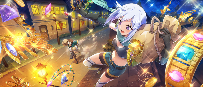 1boy 1girl aqua_scarf black_gloves black_leggings black_pants blue_trim boots breasts brown_footwear brown_hair cape chris_(konosuba) city city_lights crop_top denim denim_shorts elbow_gloves facial_scar game_cg gloves gold green_cape grey_hair highres jewelry kono_subarashii_sekai_ni_shukufuku_wo! konosuba!_fantastic_days leggings leggings_under_shorts long_sleeves night official_art on_roof outdoors pants purple_eyes road running satou_kazuma scar scar_on_cheek scar_on_face scarf shirt short_hair short_shorts shorts side_ahoge sidelocks small_breasts theft thighhighs white_shirt white_thighhighs