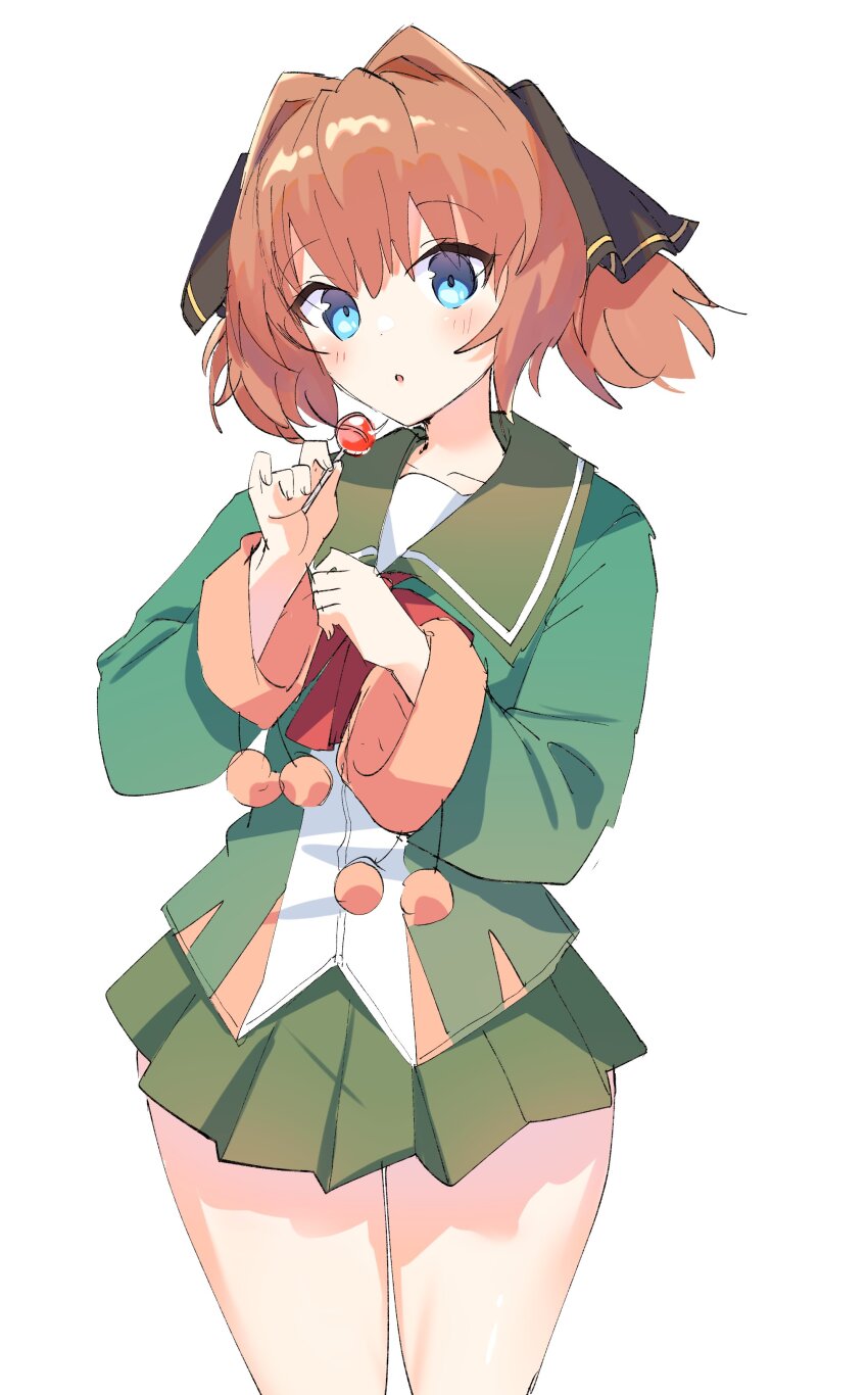 1girl absurdres black_ribbon blue_eyes brown_hair candy food green_jacket green_sailor_collar green_skirt hachijou_(kancolle) hair_ribbon highres holding holding_candy holding_food holding_lollipop jacket kantai_collection lollipop looking_at_viewer neck_ribbon pleated_skirt red_ribbon ribbon sailor_collar school_uniform senbei_(senbe_i) serafuku short_hair simple_background skirt solo white_background