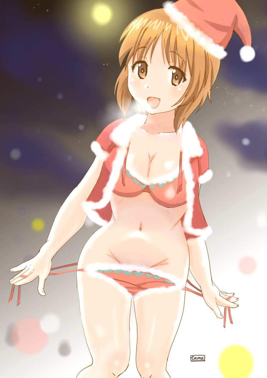 1girl artist_name bikini bikini_pull black_sky breasts breath brown_eyes brown_hair christmas cleavage clothes_pull commentary_request full_moon fur-trimmed_bikini fur-trimmed_jacket fur_trim girls_und_panzer groin hat highres jacket looking_at_viewer medium_breasts moon night night_sky nishizumi_miho open_clothes open_jacket open_mouth partial_commentary red_bikini red_hat red_jacket santa_costume santa_hat short_hair side-tie_bikini_bottom signature sky smile solo standing swimsuit tama_nekonyan tamaneko tilted_headwear untied_bikini