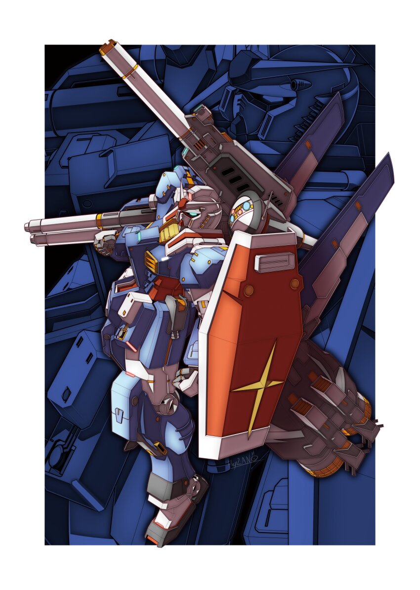 absurdres alternate_color arm_mounted_weapon arm_shield beam_cannon blue_eyes border clenched_hand earth_federation gundam gundam_msv hashtag-only_commentary heavy_full_armor_gundam heyzan highres mecha mecha_focus mobile_suit no_humans original outside_border redesign robot science_fiction shoulder_cannon thrusters twitter_username v-fin white_border zoom_layer