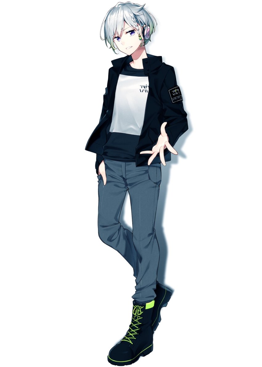 1boy april_fools black_footwear black_jacket boots bow braid denim full_body genderswap genderswap_(ftm) green_hair grin hand_in_pocket headphones highres jacket jeans looking_at_viewer male_focus multicolored_hair official_art outstretched_hand pants purple_eyes sakuragi_ren shirt silver_hair simple_background single_braid smile solo standing virtual_youtuber white_background white_shirt yuni_(yuni_channel) yuni_channel