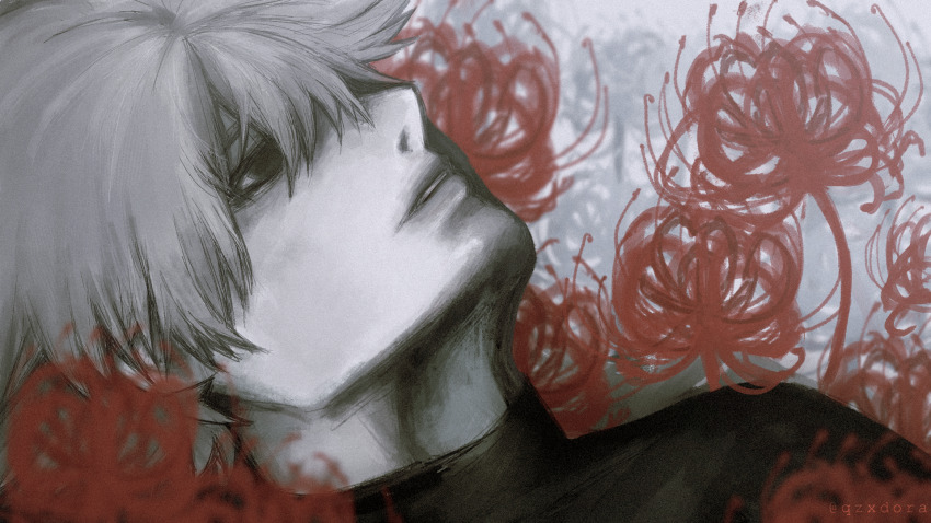 black_eyes colored_skin flower highres kaneki_ken looking_up lying on_back qzxdoraa spider_lily tokyo_ghoul tokyo_ghoul:re white_hair white_skin