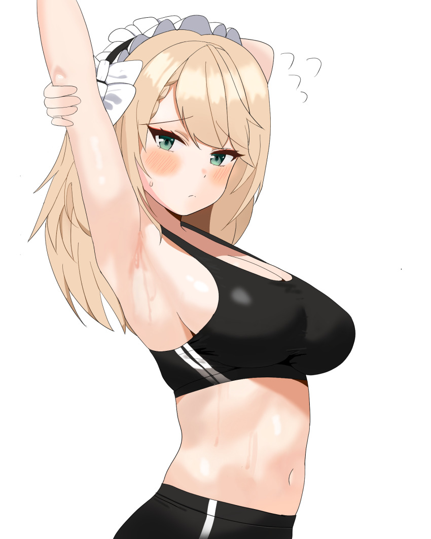 1girl alternate_costume aqua_eyes arm_up armpits azaru33 black_sports_bra blonde_hair blush breasts centaureissi_(girls&#039;_frontline_2) closed_mouth commentary_request g36_(girls&#039;_frontline) girls&#039;_frontline girls&#039;_frontline_2:_exilium highres long_hair looking_at_viewer maid_headdress navel presenting_armpit simple_background solo sports_bra sweat white_background