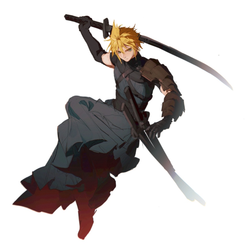 1boy arm_up armor black_footwear black_gloves black_hakama blonde_hair blue_eyes chest_strap closed_mouth cloud_strife cloud_strife_(murasame) commentary elbow_gloves final_fantasy final_fantasy_vii final_fantasy_vii_ever_crisis full_body gloves hakama hakama_pants highres holding holding_sword holding_weapon japanese_clothes katana knees_up male_focus official_alternate_costume pants samurai serious sheath sheathed short_hair shoulder_armor solo spiked_hair sword weapon white_background xiao_dao_(kojimarie)