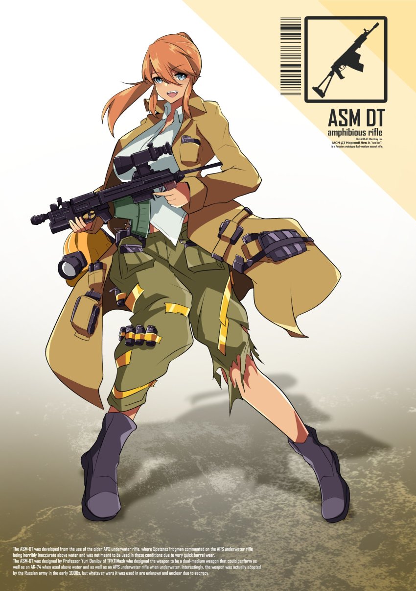 1girl absurdres altronage asm-dt_amphibious_rifle assault_rifle blue_eyes breasts brown_hair commentary commission dual-medium_assault_rifle english_commentary english_text girls&#039;_frontline grenade_launcher gun highres holding holding_gun holding_weapon large_breasts looking_at_viewer original personification prototype_design rifle scope solo underbarrel_grenade_launcher underwater_firearm weapon