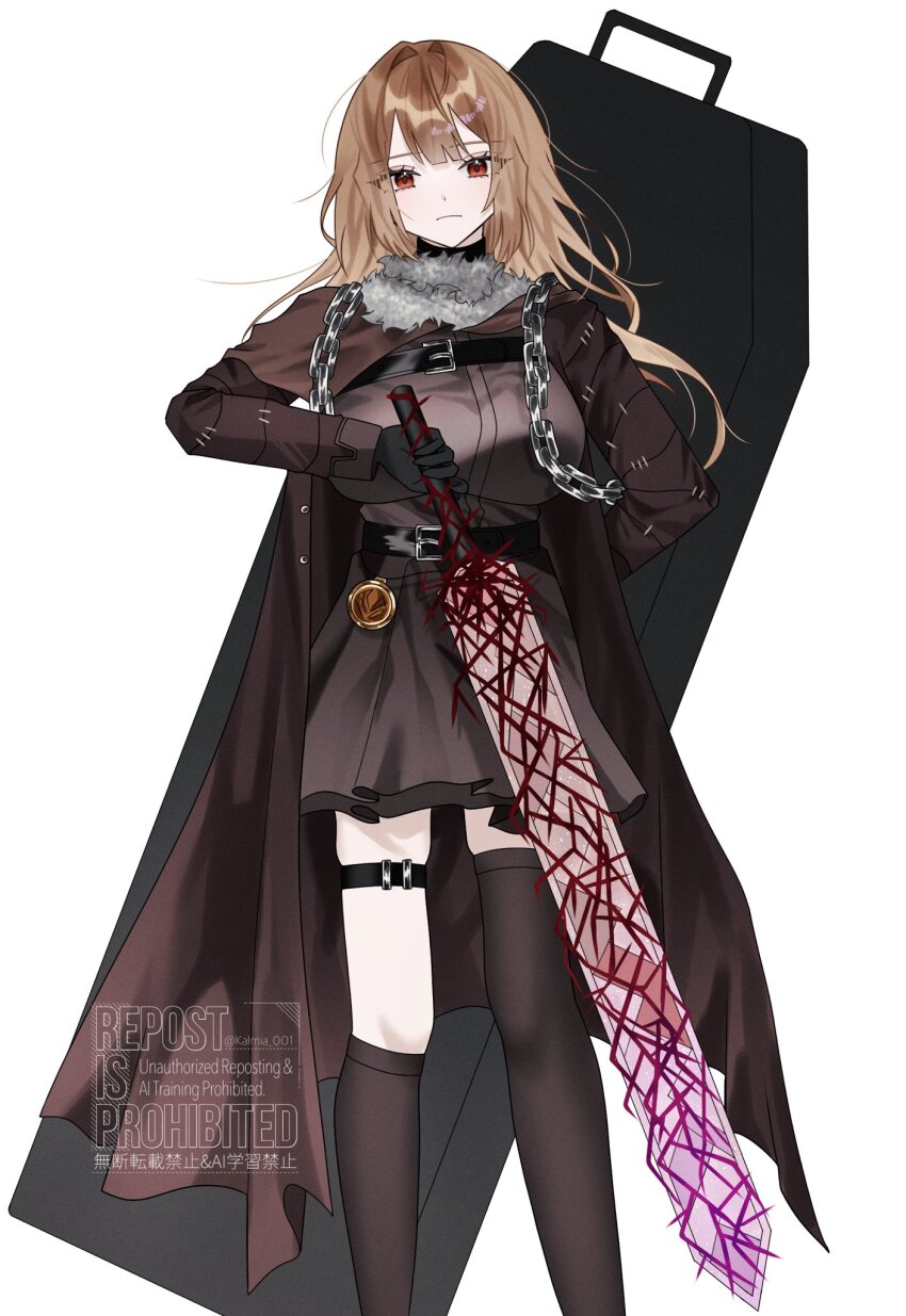 1girl arm_behind_back breasts brown_dress brown_eyes brown_hair brown_socks brown_thighhighs catherine_(project_moon) chest_harness closed_mouth coffin cosplay dress erlking_heathcliff_(project_moon) erlking_heathcliff_(project_moon)_(cosplay) feet_out_of_frame harness highres holding holding_sword holding_weapon kalmia001 kneehighs large_breasts limbus_company long_hair looking_at_viewer project_moon single_kneehigh single_sock single_thighhigh socks solo sword thighhighs weapon