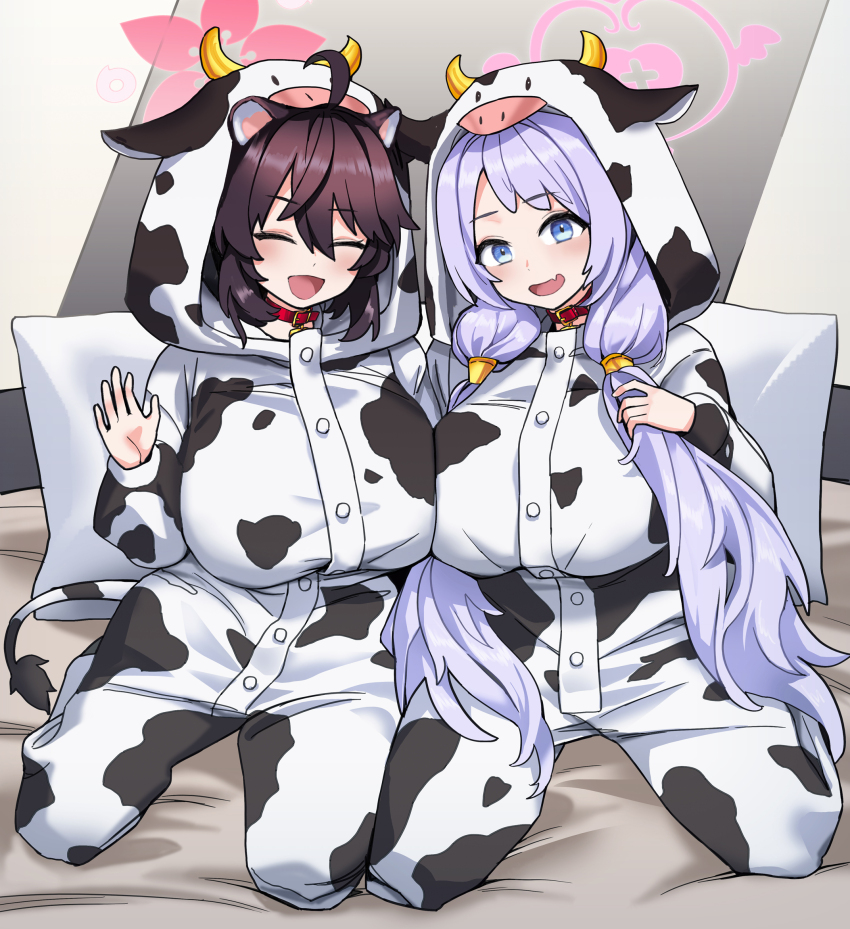 2girls :d animal_costume animal_ears animal_hood animal_print black_hair blue_archive blue_eyes blueapple0415 blush breasts closed_eyes collar cow_costume cow_ears cow_hood cow_horns cow_print cow_tail fake_animal_ears fake_horns hanae_(blue_archive) highres hood hood_up horns huge_breasts kaede_(blue_archive) long_hair long_sleeves looking_at_viewer multiple_girls open_mouth pillow purple_hair seiza sitting smile tail twintails very_long_hair