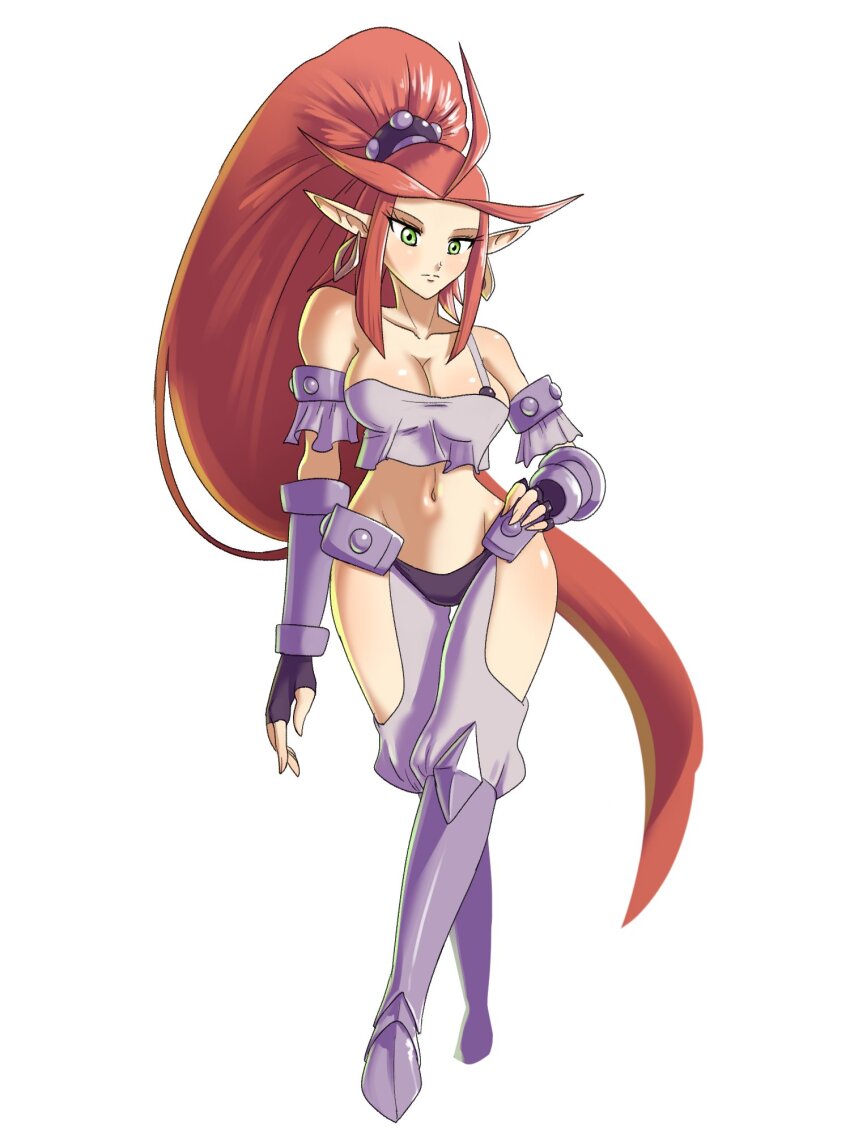 1girl bare_shoulders breasts cleavage crop_top earrings fingerless_gloves gloves green_eyes harmony_(shantae) highres jewelry large_breasts long_hair pointy_ears ponytail red_hair ruru_(sonicboom30813) shantae_(series) sleeveless very_long_hair