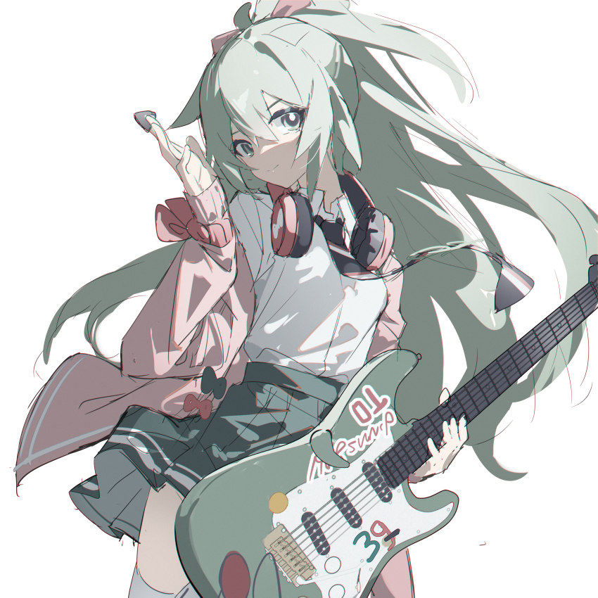 1girl absurdres diagonal-striped_clothes diagonal-striped_necktie green_hair guitar hatsune_miku hatsune_miku_(ribbon_girl) headphones headphones_around_neck highres instrument looking_at_viewer necktie qtian shirt solo striped_clothes vocaloid white_background white_shirt