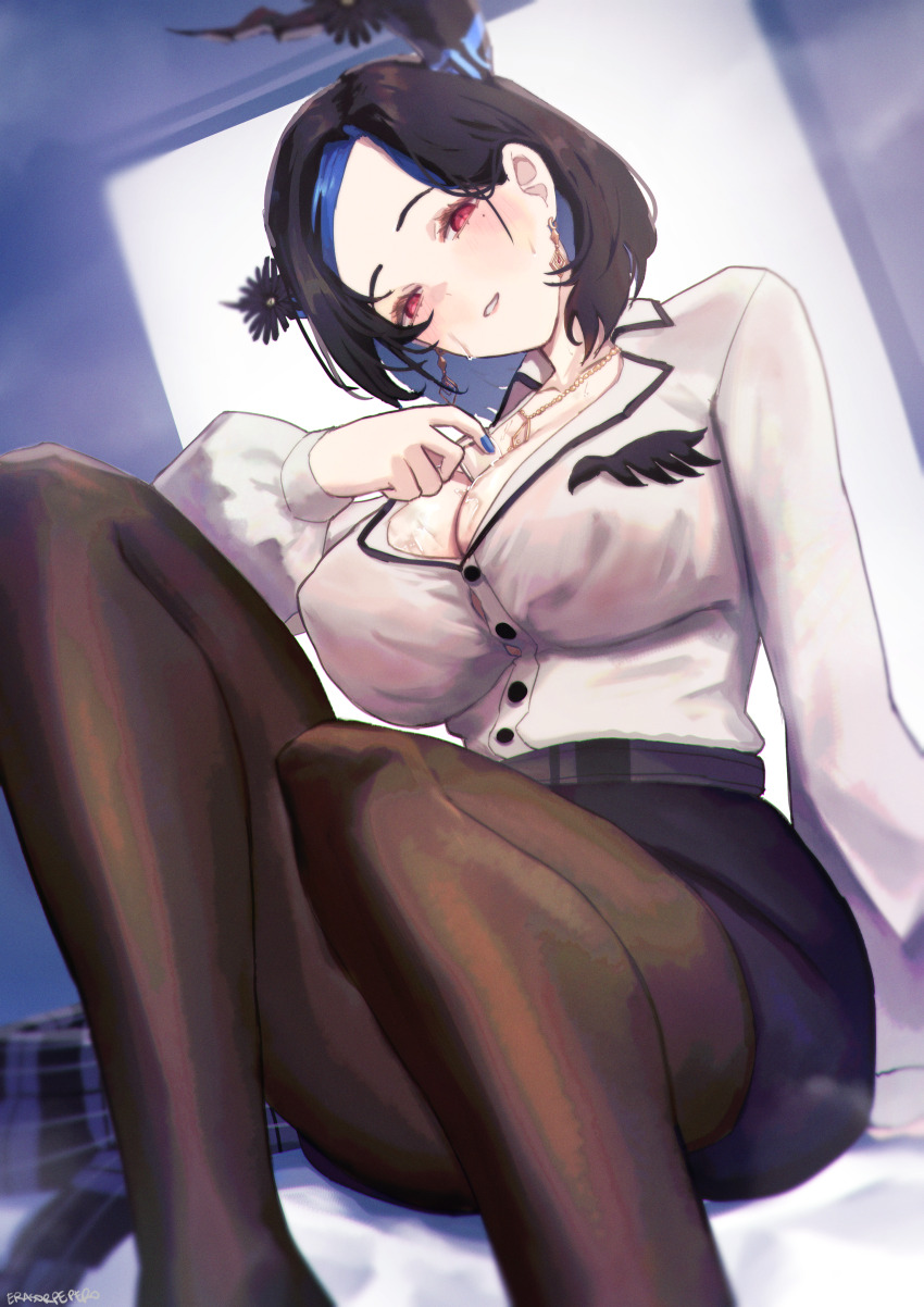 1girl absurdres belt black_hair blue_nails breasts cleavage commentary demon_horns earrings english_commentary erasorpepero forehead highres hololive hololive_english horns jewelry large_breasts looking_at_viewer mole mole_under_eye necklace nerissa_ravencroft nerissa_ravencroft_(casual) office_lady official_alternate_costume pantyhose parted_lips pencil_skirt red_eyes shirt short_hair skirt sweat virtual_youtuber white_shirt