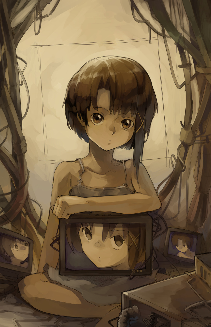 1girl absurdres brown_eyes brown_hair cable computer crt dress hair_ornament hairclip highres iwakura_lain kornod looking_at_viewer monitor multiple_views serial_experiments_lain short_hair sitting solo technology white_dress wire