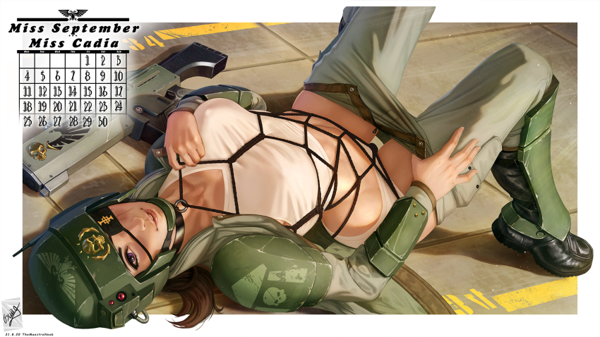 1girl astra_militarum black_footwear boots brown_pants eyepatch gun helmet highres knees_up long_sleeves looking_at_viewer lying on_back open_pants original panties pants rope shibari shirt smile solo themaestronoob tongue tongue_out underwear undressing warhammer_40k weapon white_panties white_shirt