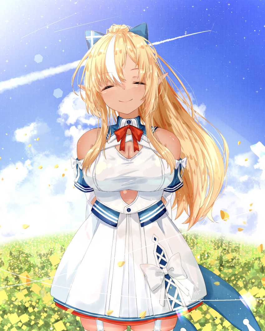 1girl absurdres arms_behind_back blonde_hair blue_sky breasts closed_eyes dark-skinned_female dark_skin dress field flower flower_field garter_straps highres hololive large_breasts long_hair petals pointy_ears ponytail shiranui_flare shiranui_flare_(1st_costume) sky smile thighhighs u_da_desu virtual_youtuber white_dress wind