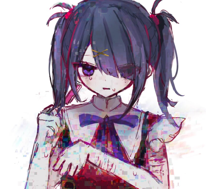 1girl ame-chan_(needy_girl_overdose) black_hair bleeding blood collared_shirt glitch hair_ornament hair_over_one_eye hair_tie hands_up highres holding_razor injury komachi_(mizorez1) long_hair looking_at_viewer neck_ribbon needy_girl_overdose open_mouth purple_eyes purple_ribbon razor red_shirt ribbon self-harm self-harm_scar shirt simple_background solo suspenders sweatdrop tearing_up twintails upper_body white_background wrist_cutting x_hair_ornament