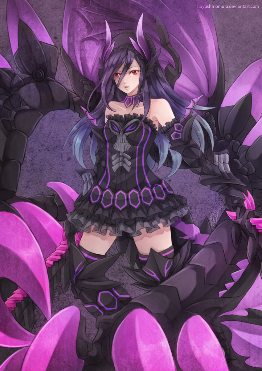 1girl breasts dress elbow_gloves gore_magala highres horns lips long_hair monster_hunter_(series) personification red_eyes thighhighs