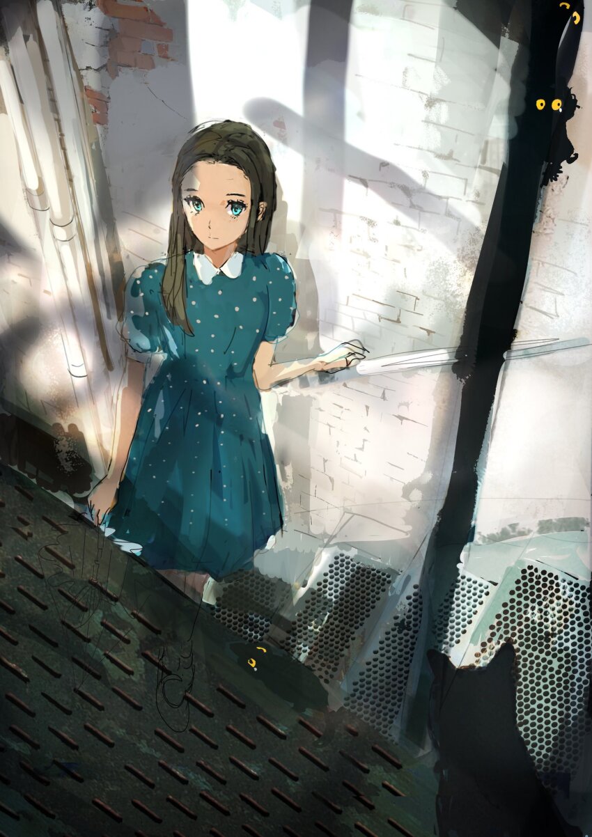 1girl aqua_eyes blue_dress brown_hair cat collared_dress dress from_above hair_over_shoulder highres indoors long_hair looking_at_viewer ooi_choon_liang original polka_dot polka_dot_dress puffy_short_sleeves puffy_sleeves short_sleeves sketch solo stairs yellow_eyes