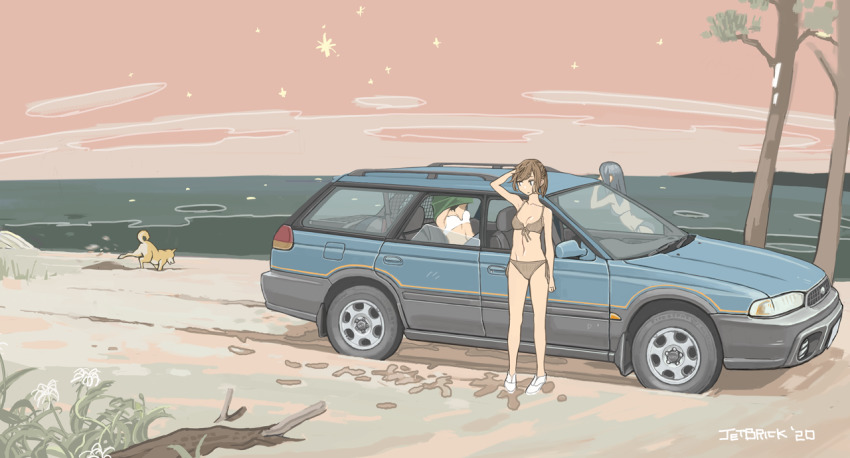 3girls artist_name bare_shoulders beach bikini blue_hair breasts brown_hair car cleavage dog halterneck jettoburikku long_hair motor_vehicle multiple_girls ocean original pink_bikini shiba_inu sky star_(sky) starry_sky string_bikini subaru_legacy swimsuit vehicle_focus white_bikini