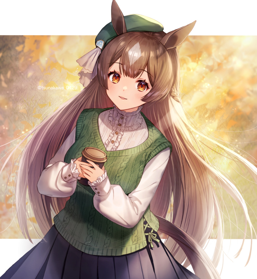 1girl animal_ears beret black_skirt braid brown_eyes brown_hair cup green_hat green_sweater half_updo hat highres holding holding_cup horse_ears horse_girl horse_tail long_hair long_sleeves looking_at_viewer pleated_skirt satono_diamond_(umamusume) skirt smile solo sweater tail tsunakawa umamusume