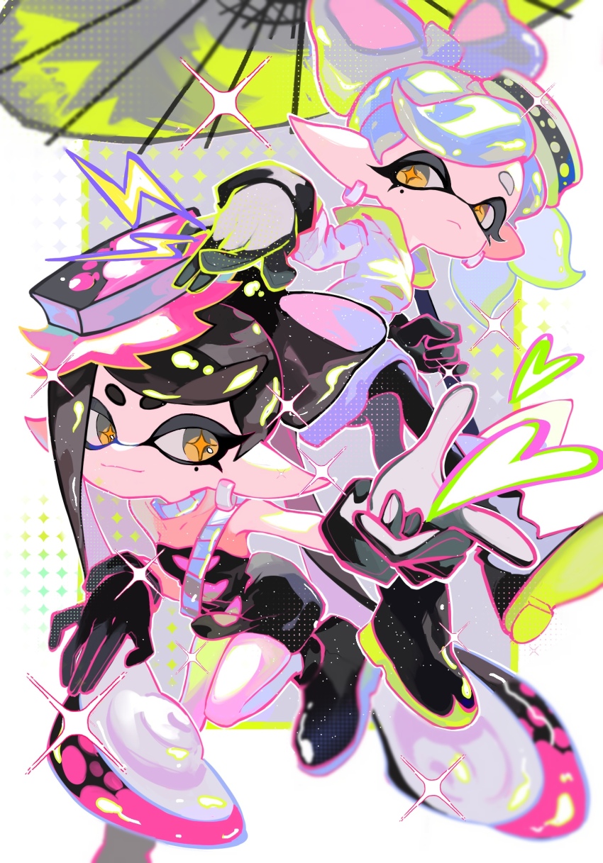 2girls black_footwear black_gloves black_hair black_leotard bow-shaped_hair breasts callie_(splatoon) closed_mouth colored_lineart cousins deformed gloves grey_background heart highres holding holding_umbrella inkling knee_up l_hand leotard long_sleeves looking_to_the_side marie_(splatoon) mole mole_under_eye multiple_girls nintendo no_nose orange_eyes shirt short_eyebrows sideways_glance small_breasts splatoon_(series) splatoon_3 star-shaped_pupils star_(symbol) strapless strapless_leotard swept_bangs symbol-shaped_pupils umbrella white_background white_hair white_shirt xiaoyunatie