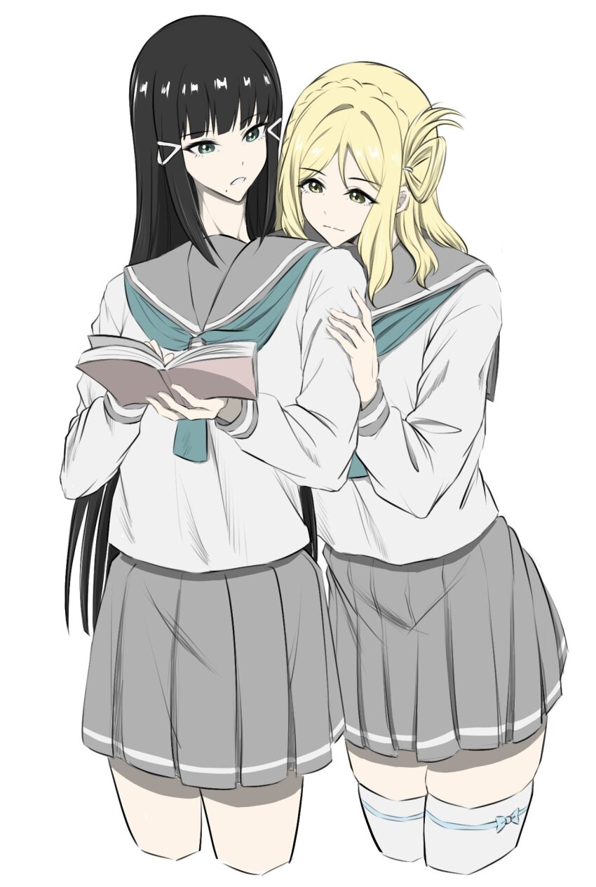 2girls aqua_eyes aqua_neckerchief behind_another black_hair blonde_hair blunt_bangs book braid closed_mouth cropped_legs crown_braid grey_sailor_collar grey_skirt hand_on_another&#039;s_arm highres holding holding_book kurosawa_dia light_smile long_hair long_sleeves looking_at_another love_live! love_live!_sunshine!! miniskirt mole mole_under_mouth multiple_girls neckerchief ohara_mari open_book open_mouth pleated_skirt sailor_collar school_uniform serafuku shirt sidelocks simple_background single_hair_ring skirt split_mouth thighhighs uranohoshi_school_uniform white_background white_shirt white_thighhighs winter_uniform yakult1124 yellow_eyes zettai_ryouiki