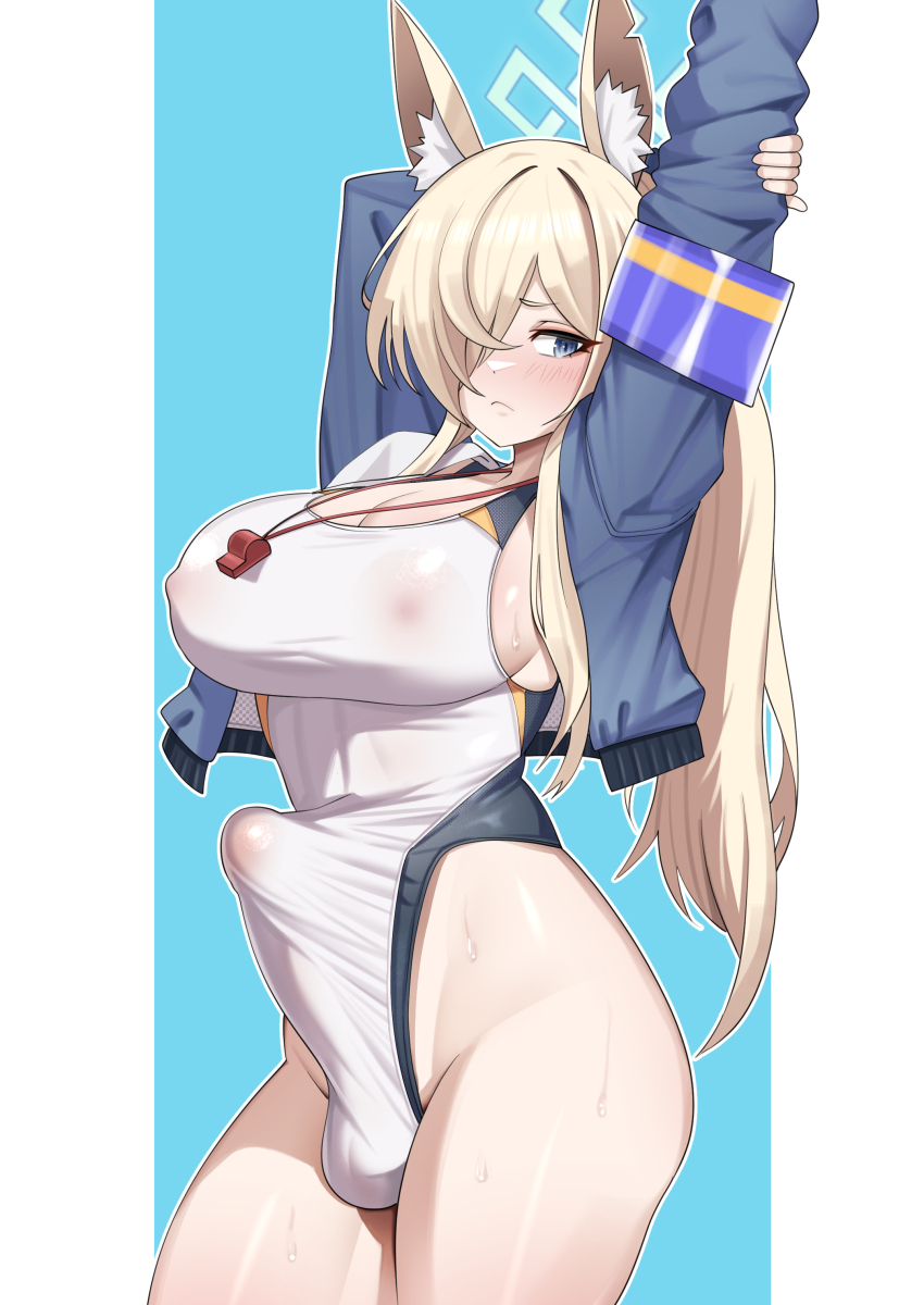 1futa absurdres animal_ear_fluff animal_ears armband arms_up blonde_hair blue_archive blue_background blue_eyes blue_jacket blush breasts bulge cleavage closed_mouth commentary competition_swimsuit covered_erect_nipples covered_penis covered_testicles dog_ears erection erection_under_clothes futanari groin hair_over_one_eye hand_on_own_arm highleg highleg_one-piece_swimsuit highres jacket kanna_(blue_archive) kanna_(swimsuit)_(blue_archive) large_breasts long_hair long_sleeves looking_at_viewer official_alternate_costume one-piece_swimsuit one_eye_covered open_clothes open_jacket outstretched_arm paid_reward_available penis see-through sideboob sidelocks solo standing stretching swimsuit testicles two-tone_background wet wet_clothes wet_swimsuit whistle whistle_around_neck white_background white_one-piece_swimsuit wujack2211