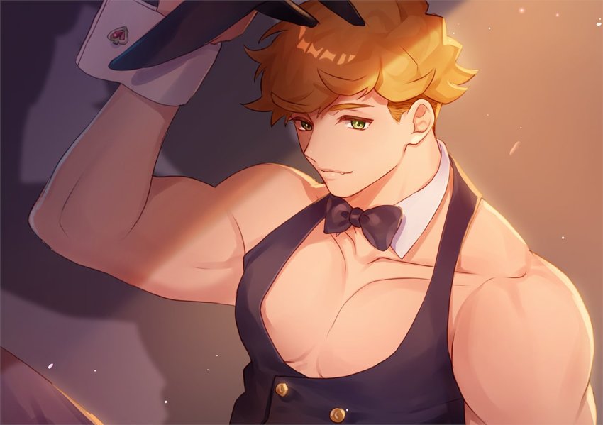 1boy alternate_costume animal_ears bara black_bow black_bowtie black_vest blonde_hair bow bowtie granblue_fantasy green_eyes leotard looking_at_viewer male_focus male_playboy_bunny muscular muscular_male necktie pectoral_cleavage pectorals playboy_bunny rabbit_ears satoimo_sanda short_hair solo undone_necktie upper_body vane_(granblue_fantasy) vest