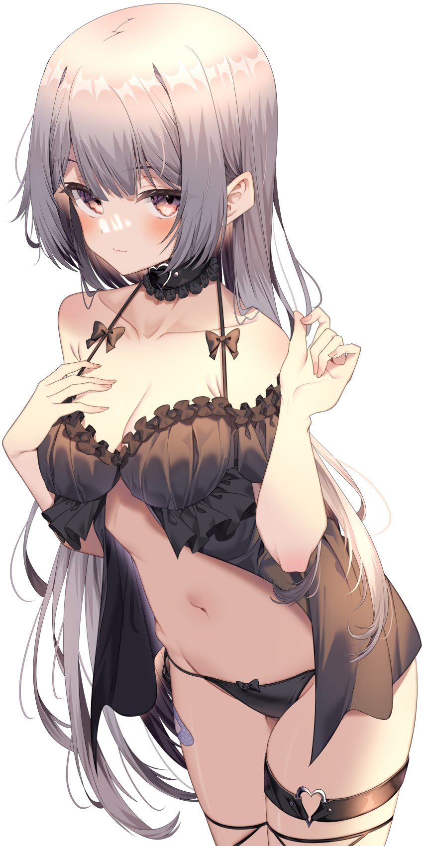 1girl absurdres babydoll bare_shoulders black_babydoll black_panties blush breasts cleavage highres jun_(aousa0328) legwear_garter lingerie long_hair looking_at_viewer medium_breasts navel original panties simple_background solo thigh_strap underwear underwear_only white_background