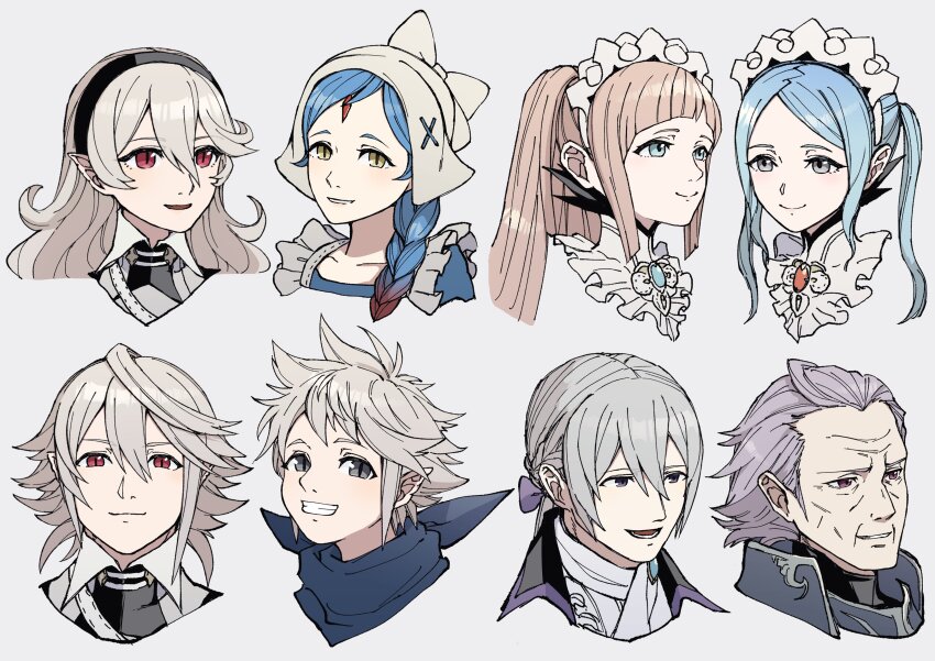 4boys 4girls absurdres black_hairband blue_eyes blue_hair braid closed_mouth corrin_(female)_(fire_emblem) corrin_(fire_emblem) corrin_(male)_(fire_emblem) felicia_(fire_emblem) fire_emblem fire_emblem_fates flora_(fire_emblem) forehead_jewel grey_eyes grey_hair gunter_(fire_emblem) hair_between_eyes hairband highres jakob_(fire_emblem) kana_(fire_emblem) kana_(male)_(fire_emblem) lilith_(fire_emblem) long_hair looking_at_viewer maid_headdress multicolored_hair multiple_boys multiple_girls nintendo old old_man open_mouth pink_hair pointy_ears ponytail red_eyes red_hair short_hair siblings sisters smile teeth twins twintails two-tone_hair upper_body white_background yellow_eyes yuki12046