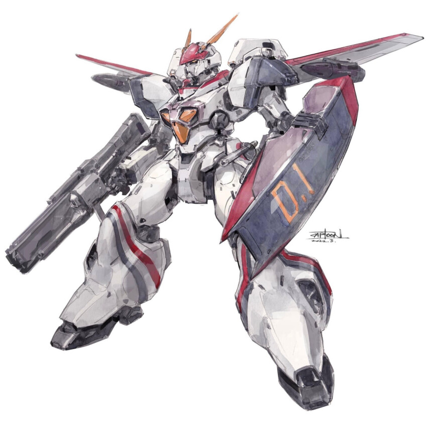 2022 beam_rifle captoon commentary concept_art d-1 dated energy_gun english_commentary highres kikou_senki_dragonar machinery mecha no_humans original realistic redesign robot science_fiction shield signature simple_background solo weapon wings