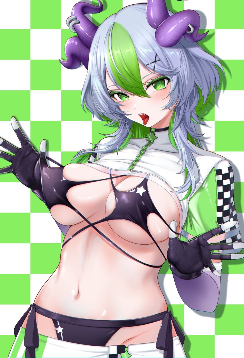 1girl apricot_the_lich apricot_the_lich_(race_queen) bikini black_bikini black_gloves breasts checkered_background checkered_print colored_eyelashes colored_inner_hair commentary english_commentary gloves green_eyes green_hair grey_hair hair_between_eyes highres horn_ornament horn_ring horns kangaruu_(momotk1109) multicolored_hair multiple_horns navel open_mouth purple_horns race_queen skirt solo star_(symbol) stomach swimsuit tongue virtual_youtuber vshojo white_skirt zipper