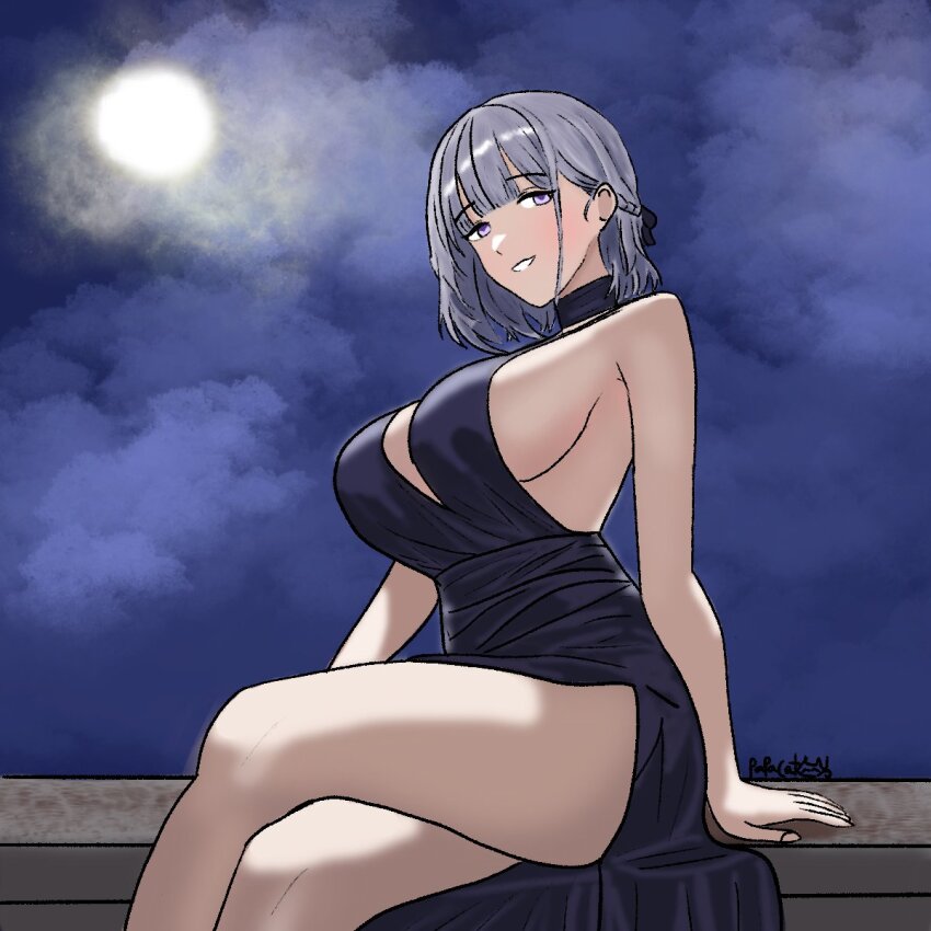 1girl alternate_costume bare_shoulders braid breasts commentary dress english_commentary feet_out_of_frame full_moon girls&#039;_frontline grey_hair highres large_breasts light_blush looking_at_viewer moon night night_sky open_mouth outdoors papacat0737 purple_dress purple_eyes rpk-16_(girls&#039;_frontline) short_hair sideboob sitting sky smile solo teeth thighs