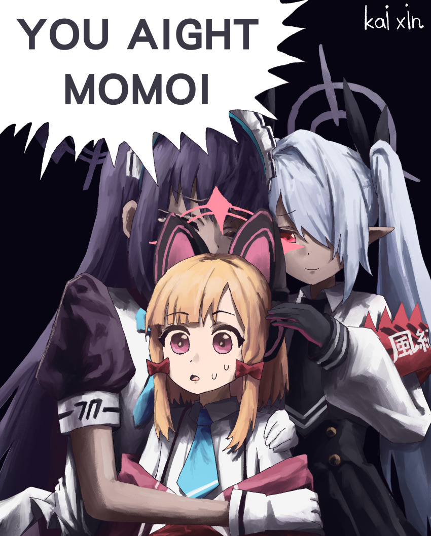 3girls absurdres animal_ear_headphones animal_ears black_hair blonde_hair blue_archive bow commentary dark-skinned_female dark_skin english_text fake_animal_ears gantz grey_hair hair_over_one_eye halo headphones highres hug iori_(blue_archive) karin_(blue_archive) long_hair maid meme momoi_(blue_archive) multiple_girls open_mouth pointy_ears purple_halo red_eyes speech_bubble sweat twintails yellow_eyes you_aight_white_boy_(meme) zheng_kai_xin