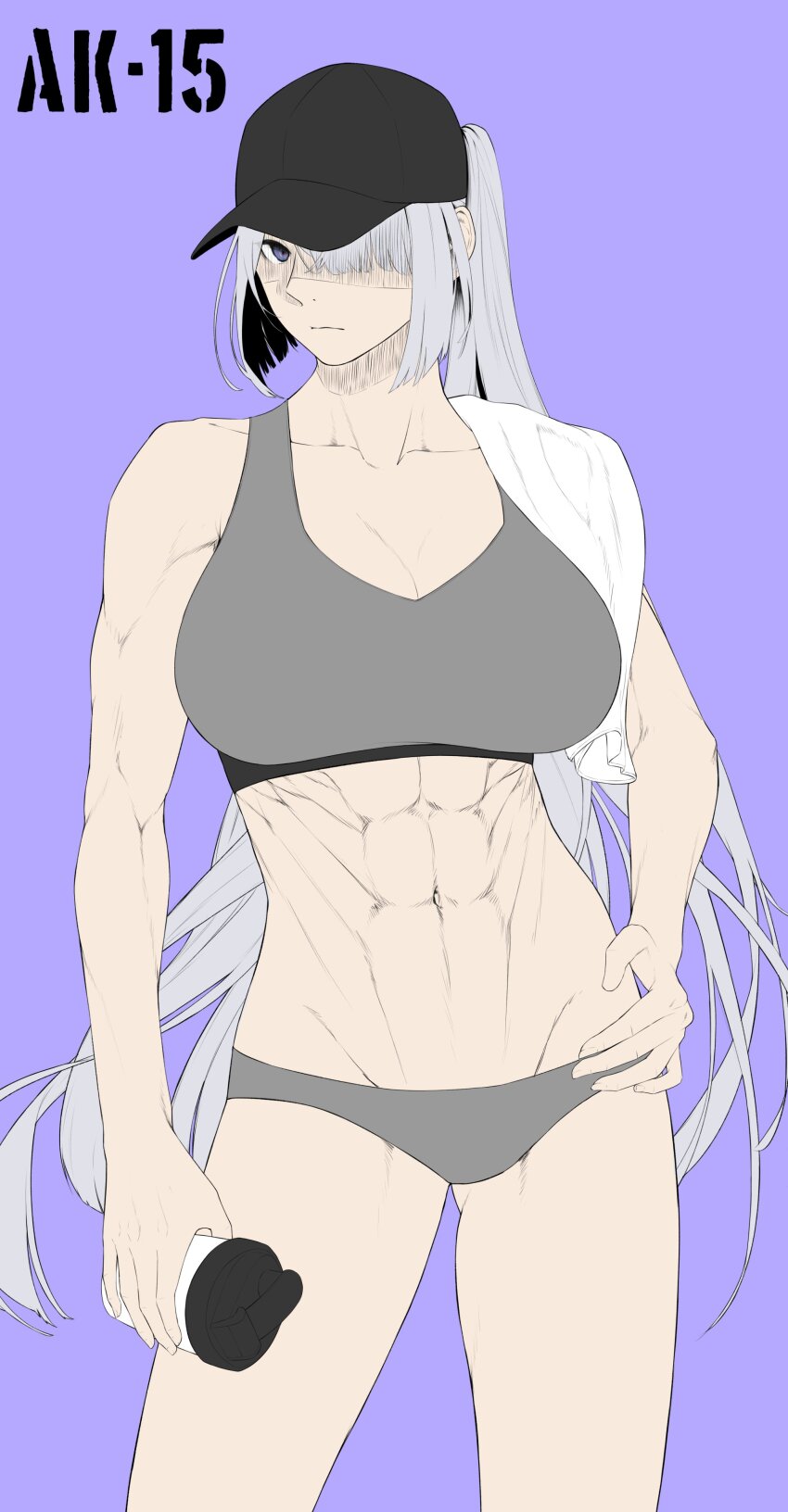 1girl abs absurdres ak-15_(girls&#039;_frontline) bottle breasts character_name closed_mouth collarbone commentary girls&#039;_frontline grey_hair groin_tendon gym_shorts hair_over_one_eye highres holding large_breasts long_hair looking_at_viewer muscular muscular_female navel purple_eyes shirt shorts smolxeno solo sports_bra water_bottle white_hair