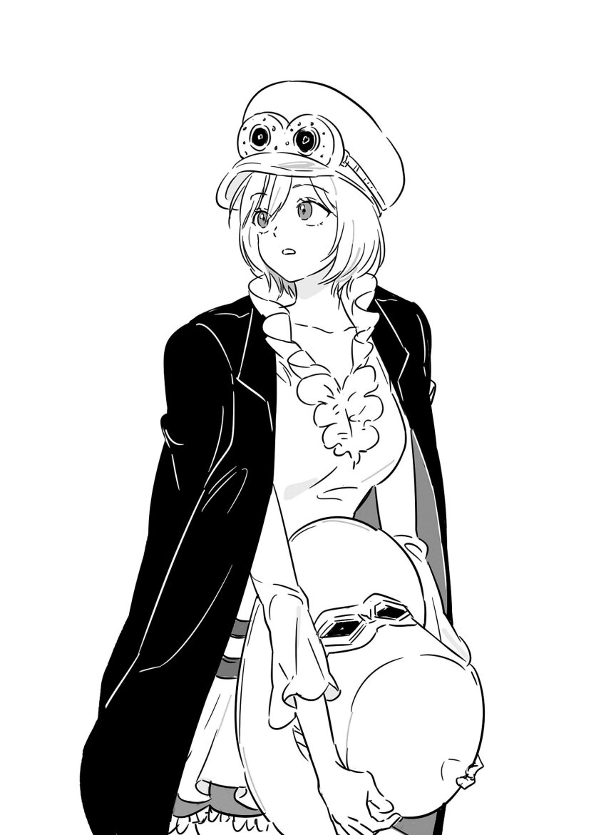 1girl bob_cut coat coat_on_shoulders frilled_shirt frills gong_hago greyscale hat highres holding holding_hat holding_unworn_clothes koala_(one_piece) looking_to_the_side monochrome one_piece shirt short_hair skirt solo swept_bangs