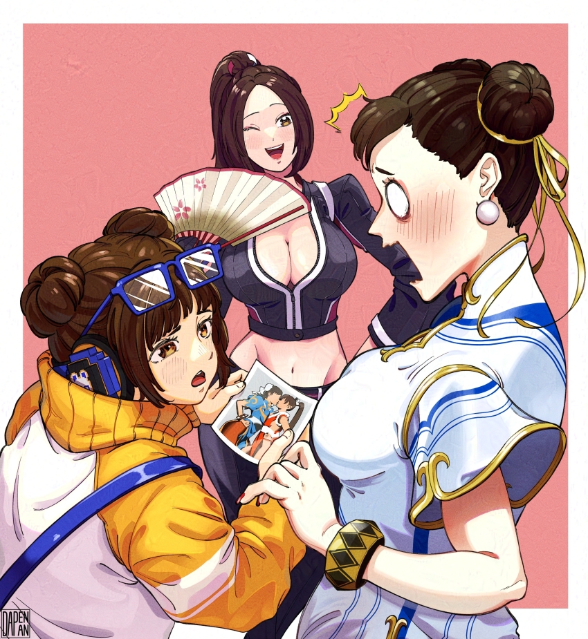 3girls absurdres black_jacket blush bracelet brown_hair capcom capcom_vs_snk chun-li cropped_jacket dapenpan double_bun earrings eyewear_on_head fatal_fury fatal_fury:_city_of_the_wolves folding_fan hair_bun hair_ribbon hand_fan headphones high_ponytail highres holding holding_fan jacket jewelry li-fen motoyui multiple_girls navel official_alternate_costume open_mouth partially_unzipped pearl_earrings photo_(object) ponytail ribbon shiranui_mai stomach street_fighter street_fighter_6 surprised wide-eyed yellow_ribbon