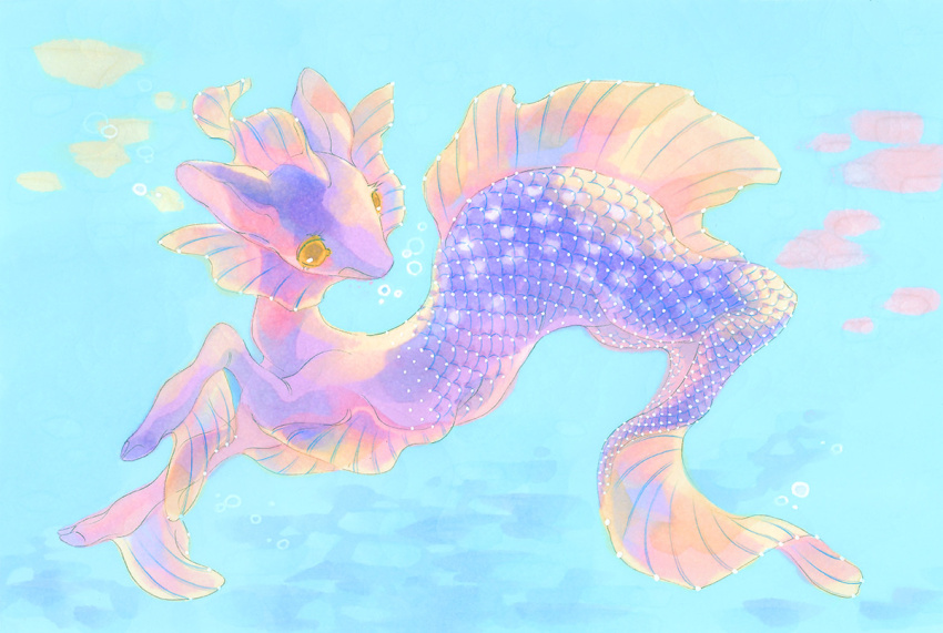 arm_fins back_fin blue_background bubble creature creature_focus deer fawn fins fish_tail fleebites full_body head_fins hooves mermaid monster_girl no_humans no_sclera open_mouth original pastel_colors purple_fur purple_scales swimming tail underwater water yellow_eyes