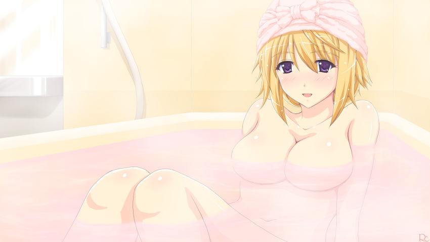 1girl artist_name bare_arms bathing bathroom bathtub blonde_hair blush breasts charlotte_dunois highres infinite_stratos large_breasts open_mouth rezel_craft short_hair sitting smile solo towel towel_on_head water